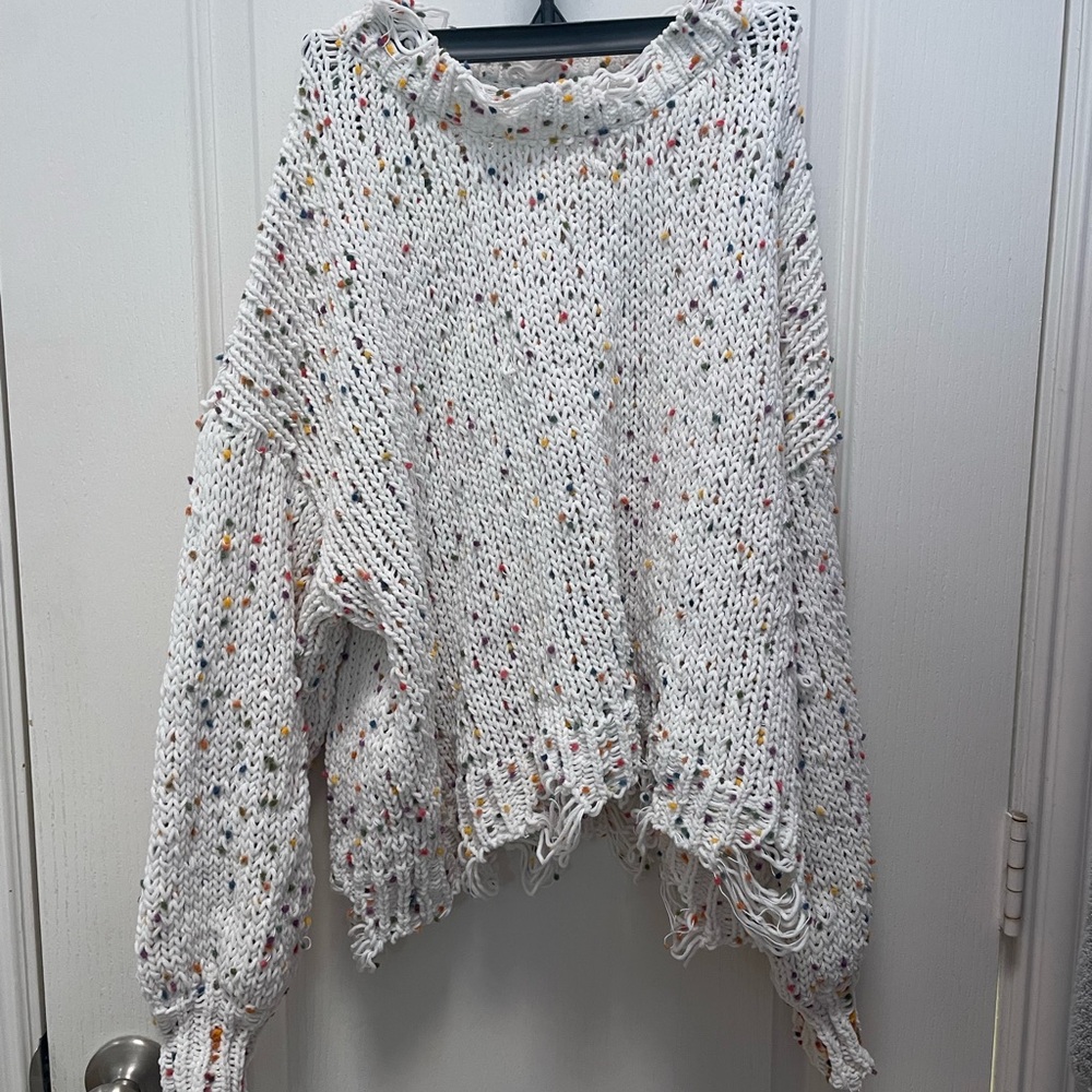 She + Sky White Knit Sweater with Colorful Speckles